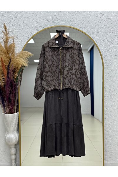 MİHRA STORE Ayşen Jacket Patterned Double Dress with Six Fasteners-Mf1795 Brown