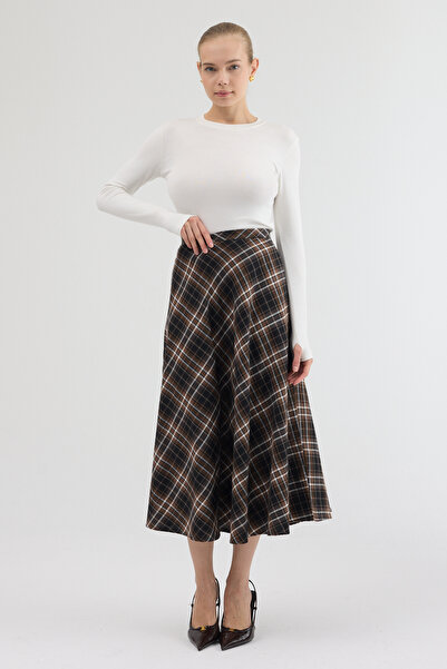 MOVİMENT Brown-Black Aura High Waist A-Line Plaid Midi Skirt