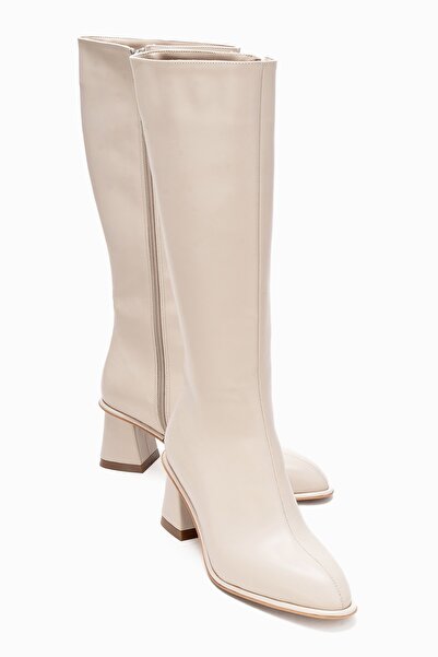 LuviShoes PARADİS Ekru Cilt Kadın Kalın Topuklu Çizme