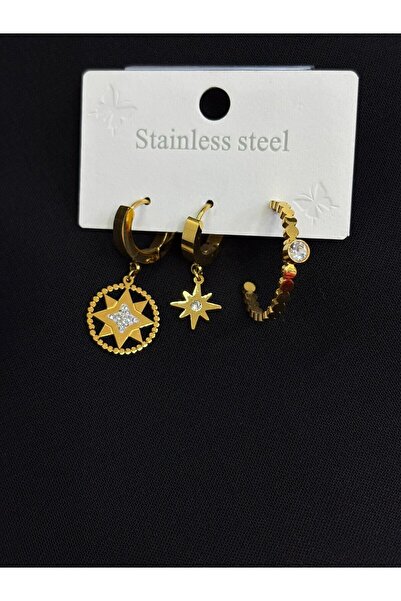 Melisa Takı & Aksesuar 316L Steel Gold Color 3 Piece Earrings