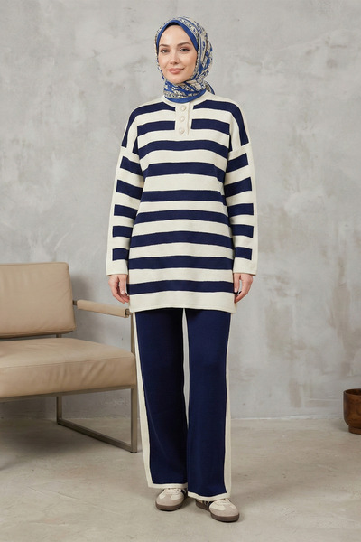 FERHEL Women's Half-High Collar and Buttoned Striped Knitwear Tunic and Trous...