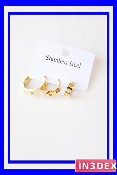 İN3DEX 3 Piece Stainless Steel Hoop Earring Set with Stones