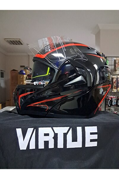 Palas Motor VIRTUE ÇENE AÇILIR KASK PARLAK SİYAH-KIRMIZI ŞERİTLİ XL BEDEN