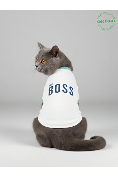 Gobo Beyaz The Boss (Patron) Yazılı Kedi ve Köpek Kıyafeti Tişörtü Elbisesi X...