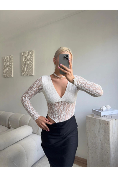 Zora Butik Uzun Kollu Dantel Bodysuit - BEYAZ
