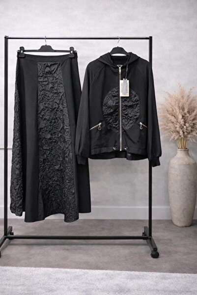 Ceremony Kapüşonlu Fermuarlı Ceket ve Uzun Etek Takım – Özel Dokulu, Modern v...