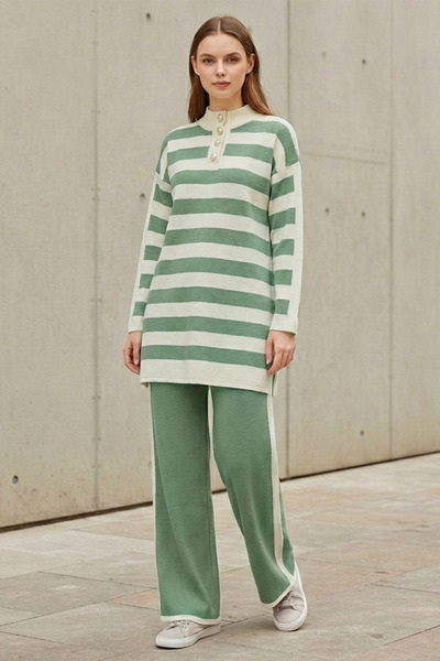 FERHEL Women's Half-High Collar and Buttoned Striped Knitwear Tunic and Trous...