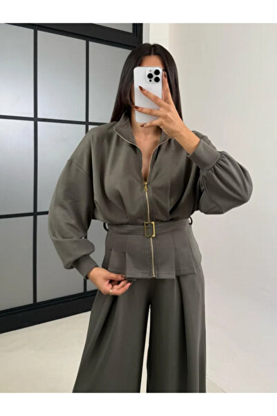 MAESTRO WOMAN Haki Kemer Detaylı Hırka Beli Lastikli Geniş Paça Pantolon Moda...