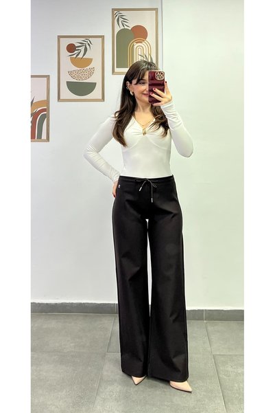 bydenizcollection Tie-Waist Palazzo Model Steel Fabric Trousers