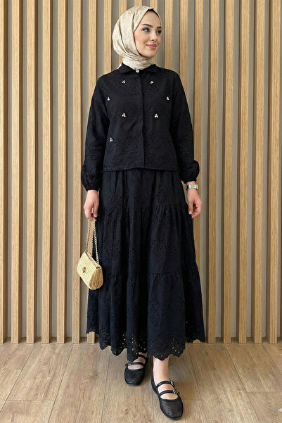 FERHEL Women's Scallop Detailed Blouse Skirt Hijab Set - Black