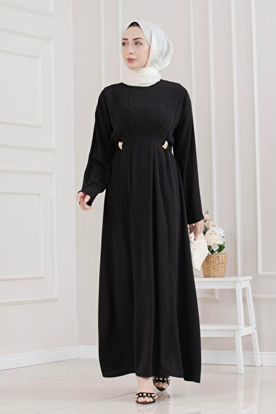 Sevitli Beli Buckle Detailed Hijab Dress-Black
