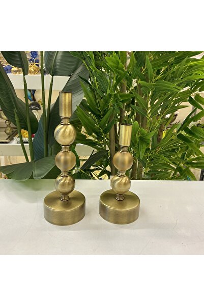goldhomedesign Dekoratif Metal 2’Li Şamdan Eskitme