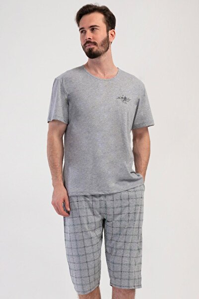VİENETTA Men's Short Sleeve Gray Melange Capri Pajama Set C7T4N2804