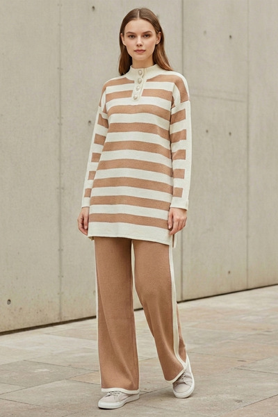 FERHEL Women's Half-High Collar and Buttoned Striped Knitwear Tunic and Trous...