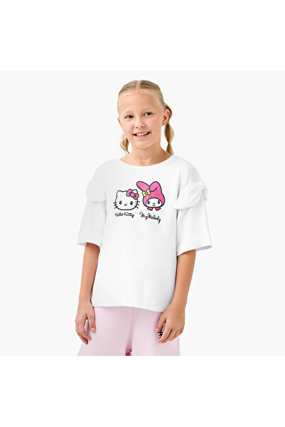 SANRIO تيشيرت مطبوع عليه صور هيلو كيتي وماي ميلودي بأكمام قصيرة