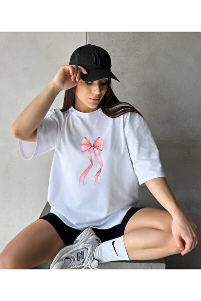 ASELİNDA Pink Bow Printed Cotton Round Neck T-Shirt