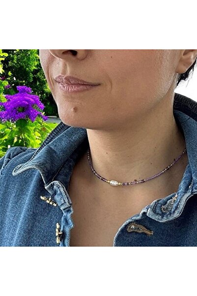 Ezera Elina Choker Necklace made of Miyuki Beads in Purple with Amethyst Crys...