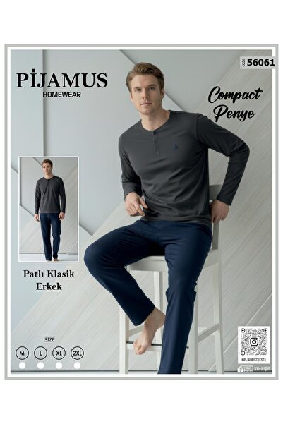 PİJAMUS Men's Buttoned Collar Classic Wide Fit Combed Cotton Pajama Set