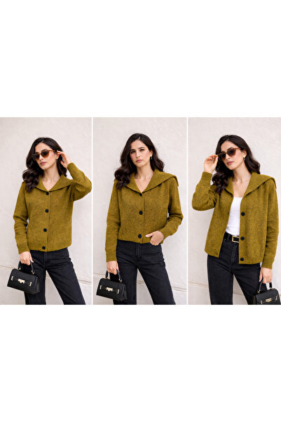 LOTUS CITY Women's Oil Green Turn-Down Collar Buttoned Knitwear Cardigan