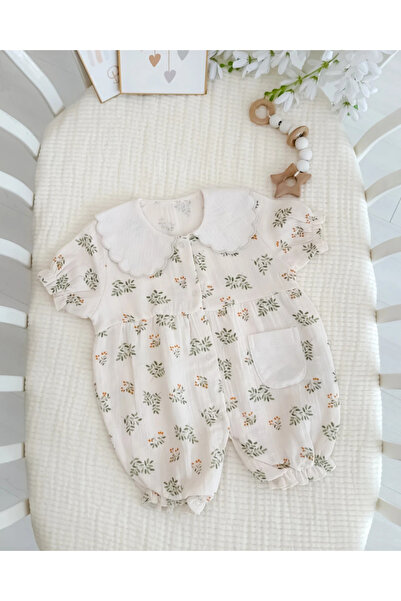 hümabebe Green Branches Patterned Muslin Summer Jumpsuit with Snap Fasteners