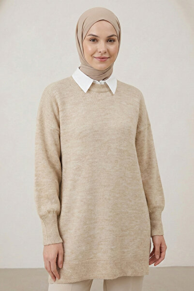 FERHEL Sweater Crew Neck Balloon Sleeve Loose Knitwear Tunic Sweater - Mink