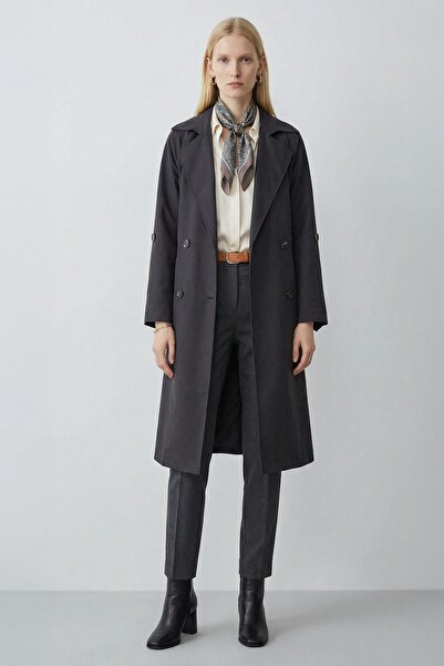 Rays 3034A Waist Tie Detail Long Trench Coat Black