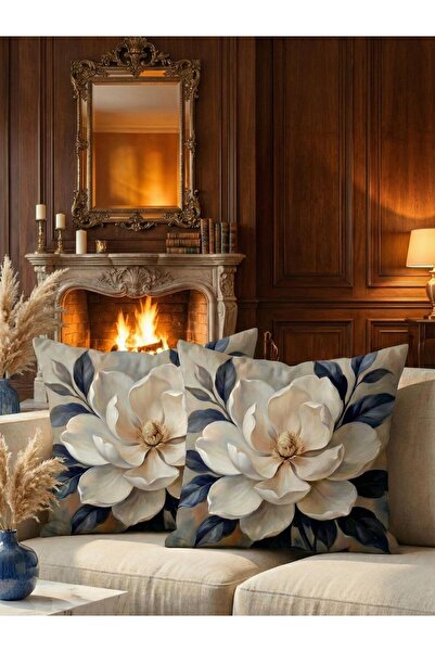 menesahome Navy Blue Cream Floral Patterned Digital Printed Modern Decorative...