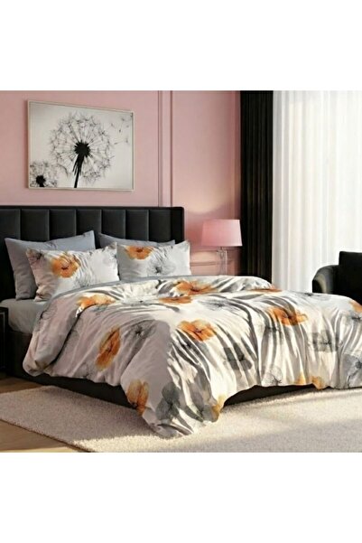 Pucioasa Finet Stretchy Duvet Cover Set , 6 pieces, Grey/orange flowers