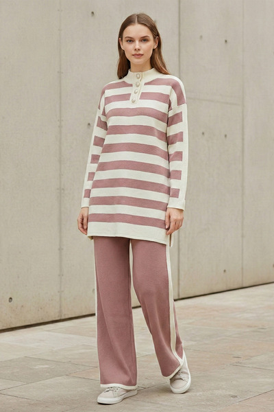 FERHEL Women's Half-High Collar and Buttoned Striped Knitwear Tunic and Trous...