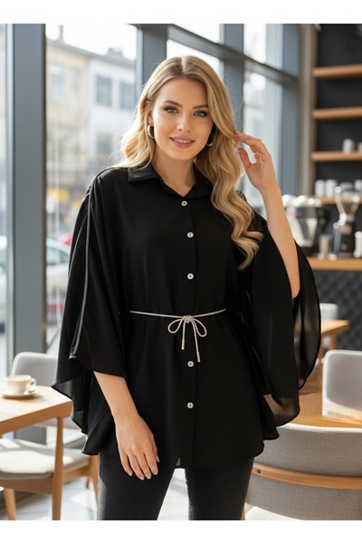 MC Boutique Kol Taş Detaylı Kadın Siyah Panço