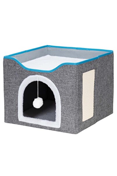SERSIMO Cat house with platform and hanging toy, wooden structure and textile...