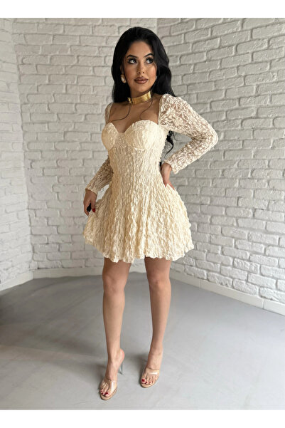 moneta boutique Women's Glop Detailed Short Guipure Dress