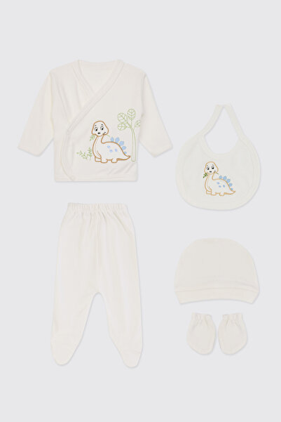 Panço Yenidoğan Dinozor Detaylı Ekru 5'li Hastane Çıkış Seti