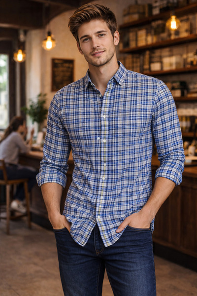 COOL TARZ Men's Blue Plaid Slim Fit Shirt Long Sleeve Cotton Daily & Casual S...