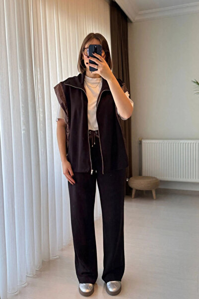 Kubos Moda Elastic Waist Zippered Brown Vest Pants Set