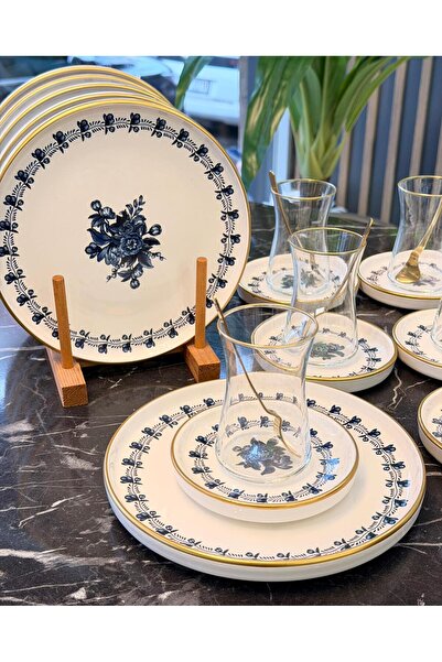 Onedekor 18 Piece Modern Regaria Blue Flower Cake Tea Time Set