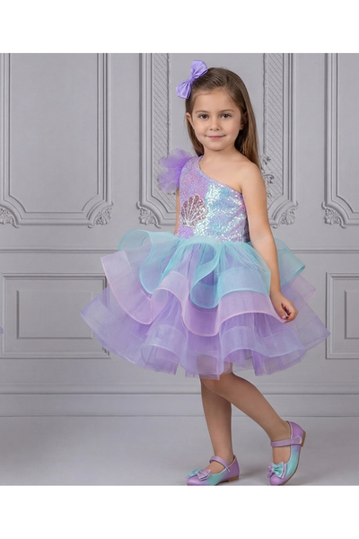 ELLUSSİ Kız Çocuk Lila Deniz Konsepti Deniz Kabuğu Figür İşlemeli Tek Omuz Ka...