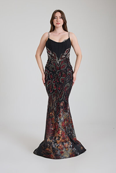 ROJBEY KADIN ABİYE ASKILI BROKAR TAŞLI KUMAŞ BALIK ŞIK ELBİSE