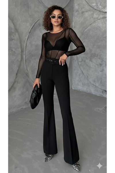 MUG collection Women's High-Waisted Spanish Flare Pants with Belt