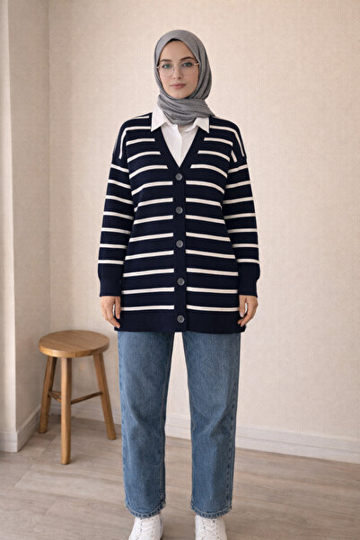 FERHEL V-Neck Horizontal Striped Buttoned Knitwear Cardigan - Navy