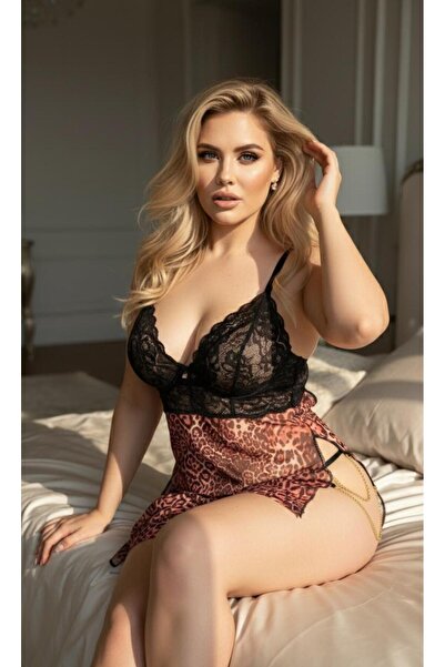 WİYONA Women's Leopard Patterned Deep Slit Plus Size Nightgown