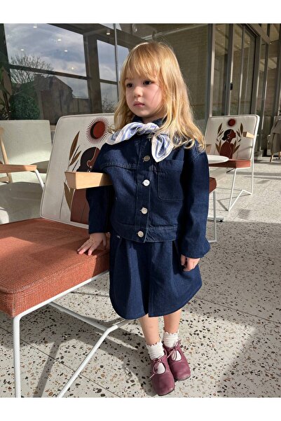 WOWMOMKIDS طقم جاكيت وتنورة من الدنيم باللون الأزرق الداكن للفتيات - طقم من ق...