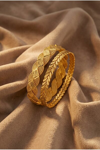 FerizZ Altın Kaplama İmitasyon Başak Burma Bilezik Ve Lazerli Örgü Bilezik Ko...