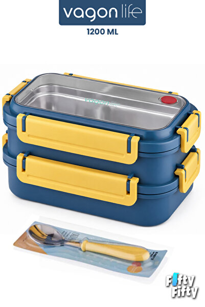 Vagonlife 1200 ml Two Layers Three Compartments Stainless Steel Bento Lunch B...