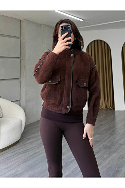 Coral Deri Detaylı Dik Yaka Hırka 140205 Kahve