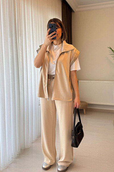 Kubos Moda Beige Vest and Trousers Set with Elastic Waist and Zipper