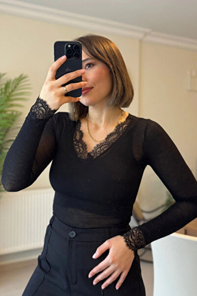 Kubos Moda V-Neck Lace Modal Cashmere Ultra Light Black Blouse