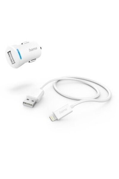 Hama Încărcător auto cu cablu de încărcare Lightning, 12 W, 1 m, alb