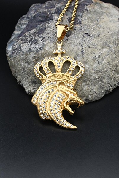 Prestige Kral Taclı Aslan Figürlü Kolye Paslanmaz Çelik Zincir Altın Kaplama ...