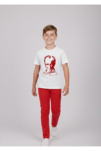 BLACK SWALLOW طقم تي شيرت مطبوع عليه ATATURK للأولاد وبنطلون كتان أحمر لملابس...